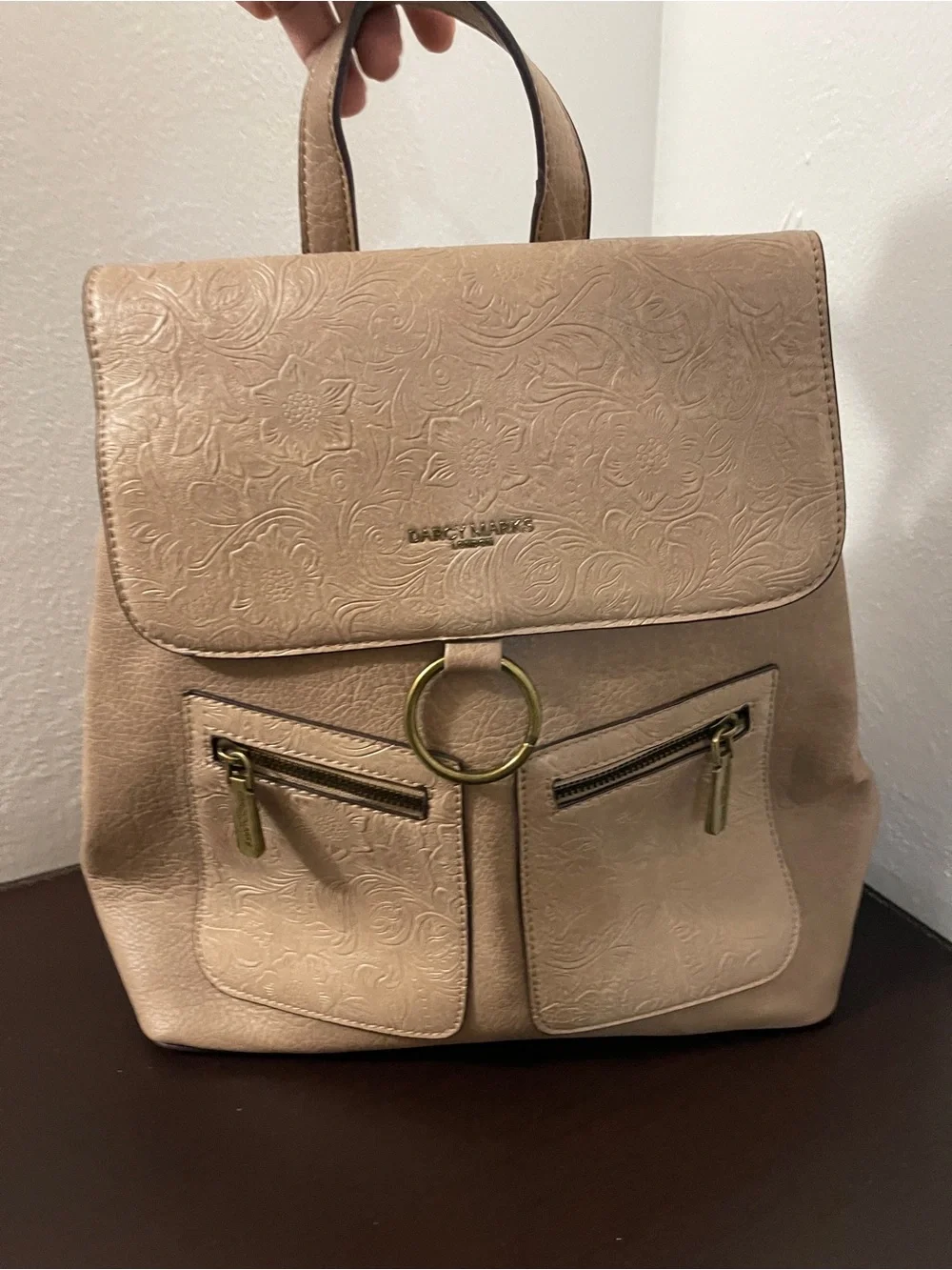 Handheld Floral-Embossed Beige Women’s Backpack Purse